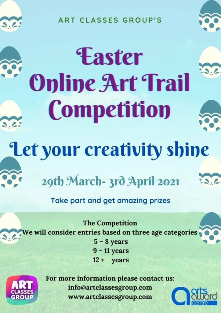 A poster with the words " easter online art trail competition ".