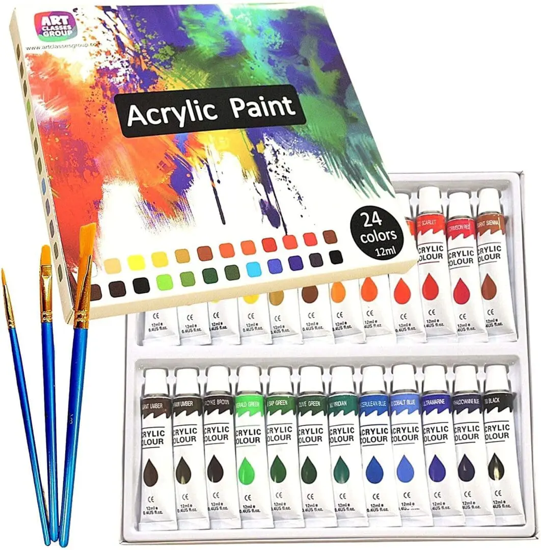 A box of paint and brushes
