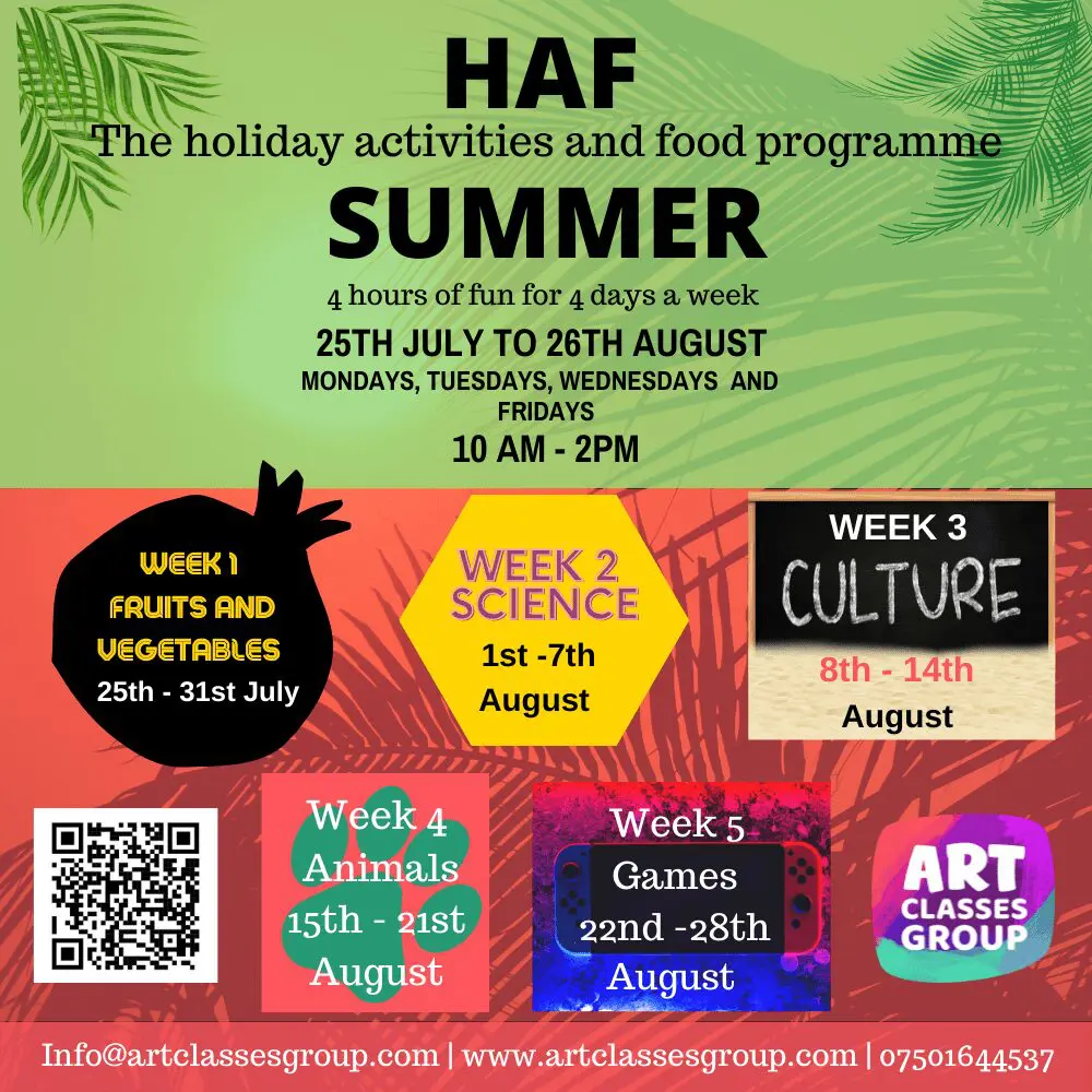 A poster with different types of activities and food.