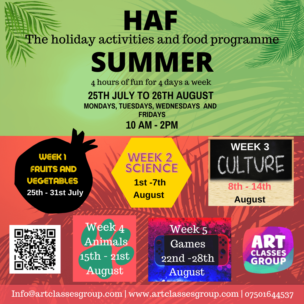 A poster with different types of activities and food.