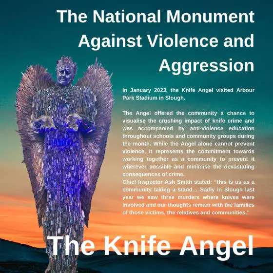 A knife angel statue with the text " the national monument against violence and aggression."