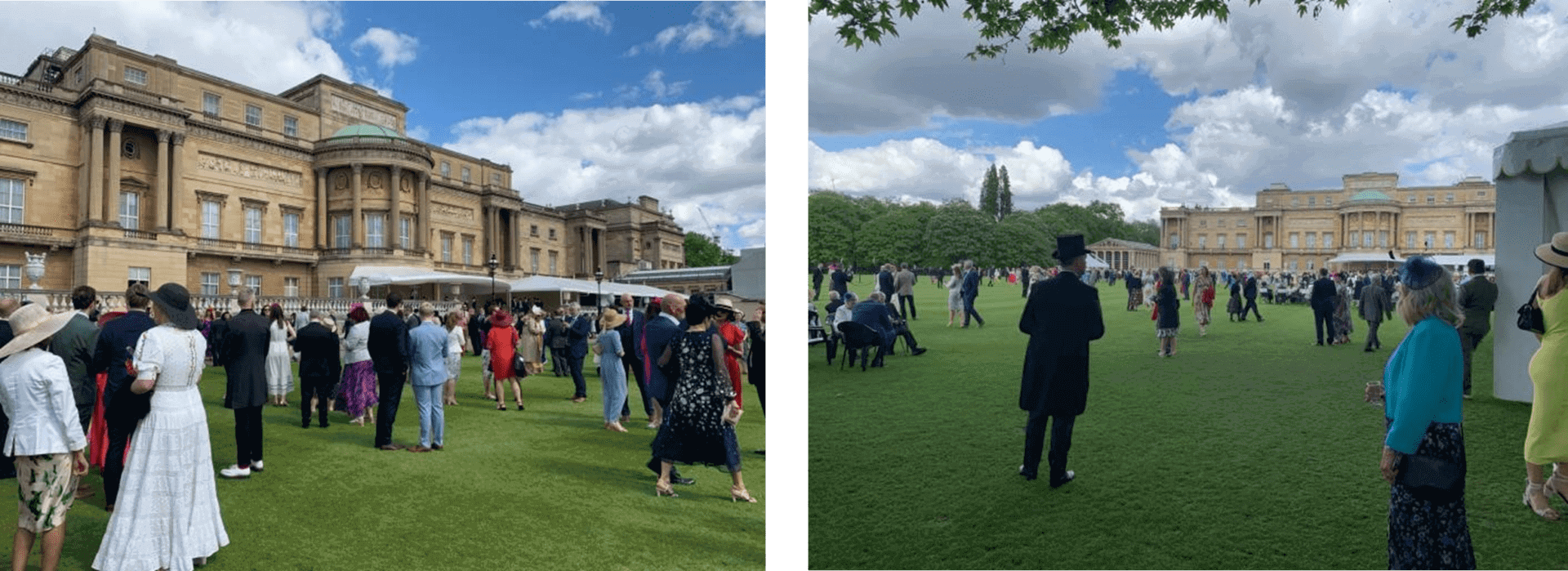 Guests at a garden party in front of Buckingham Palace.