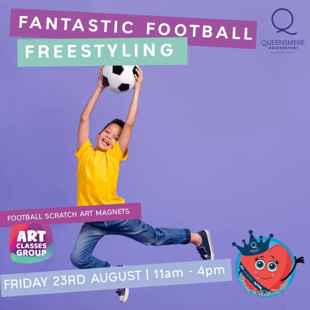 Boy jumping with soccer ball, football freestyle class.