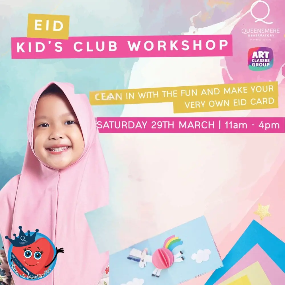 Child smiling at Eid workshop poster.