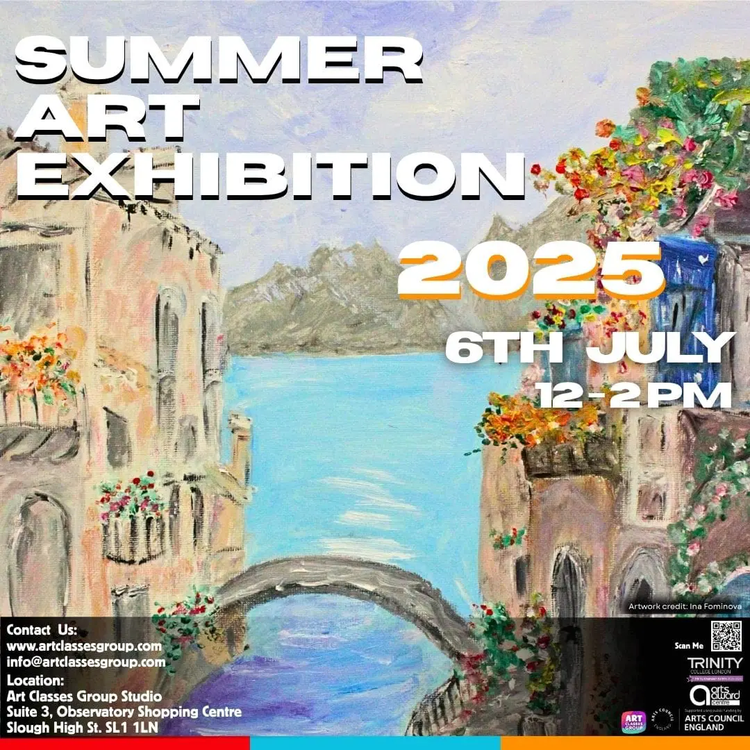Summer Art Exhibition poster with bridge painting.