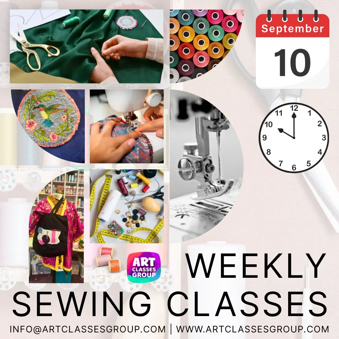 Sewing class promotion with various sewing activities.