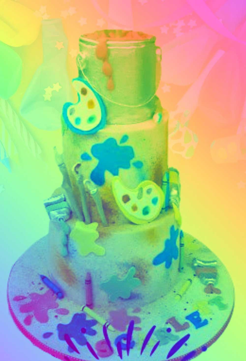 A cake with different colored frosting and designs.