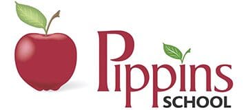 A red banner with the word pippins and an apple.