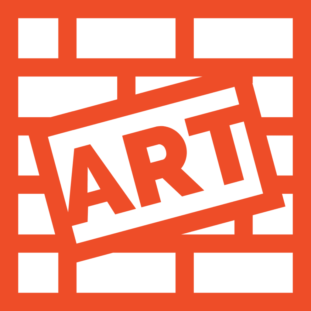 A red and green square with the word art in it.