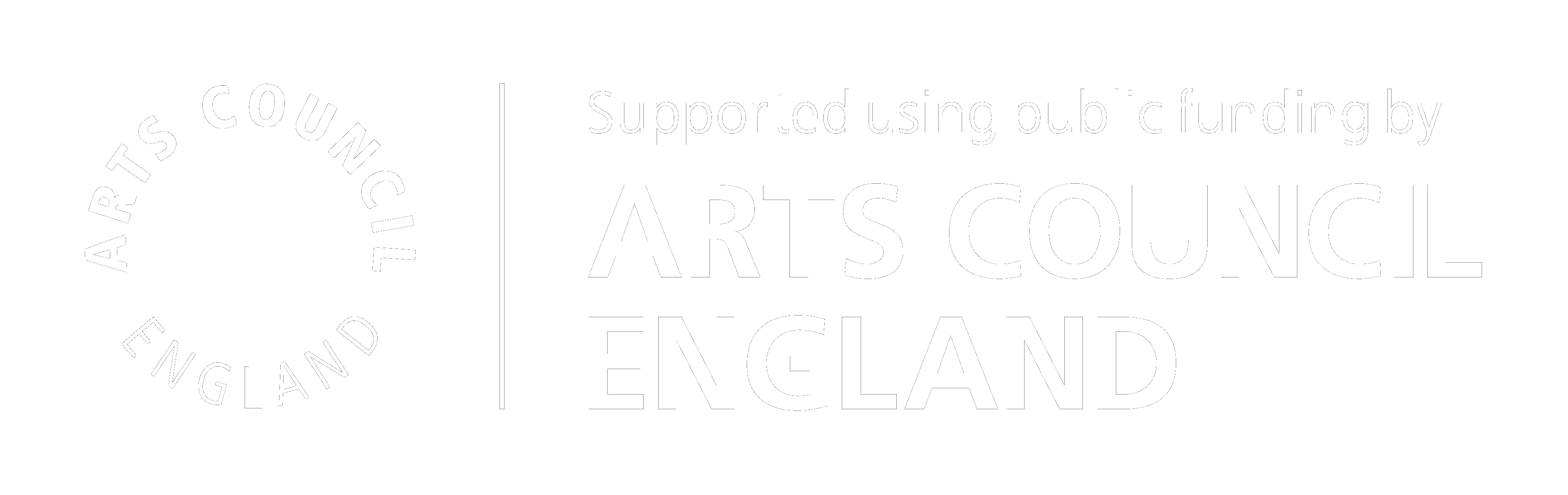 A green banner with the words " supported using public funds, arts council england."