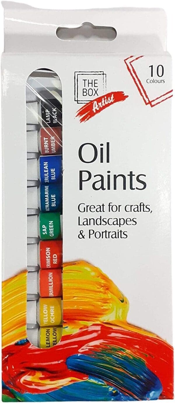 A box of oil paints with different colors.