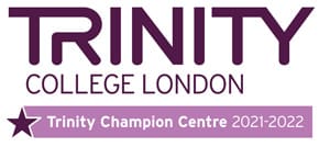 A purple and white logo for trinity college london.