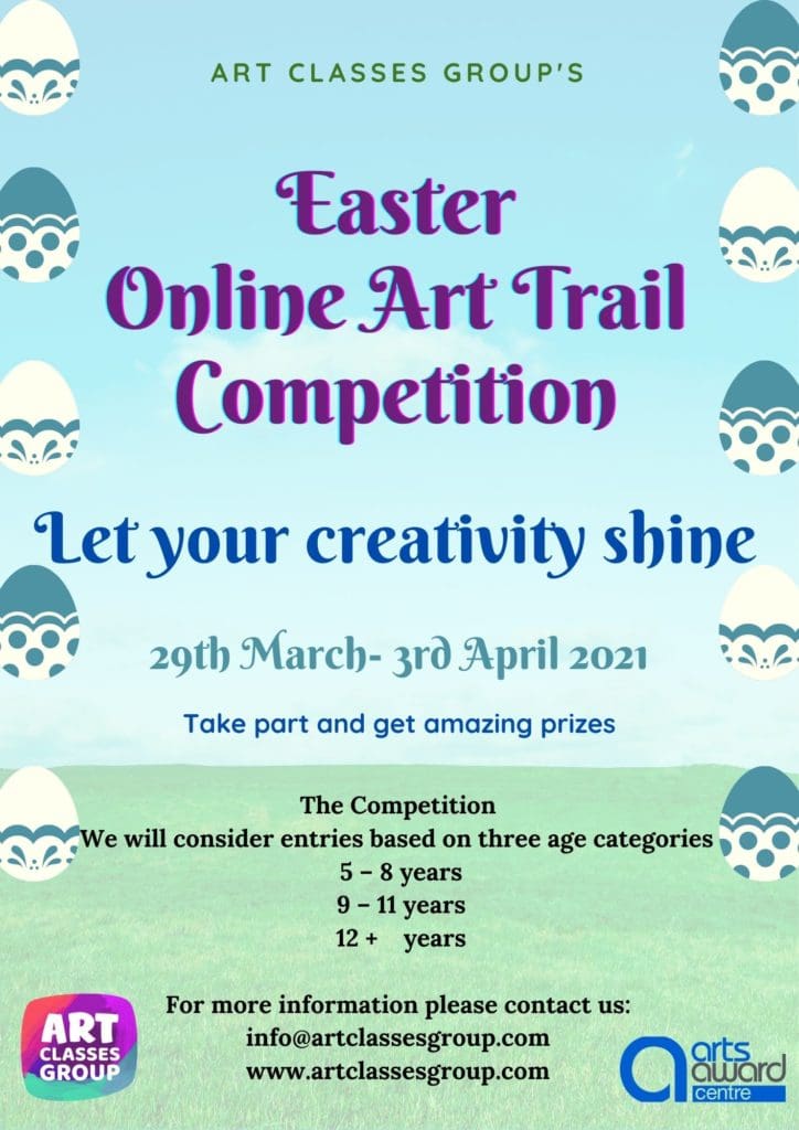 A poster with the words " easter online art trail competition ".