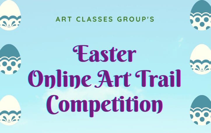 A blue sky with clouds and the words " easter online art trail competition ".