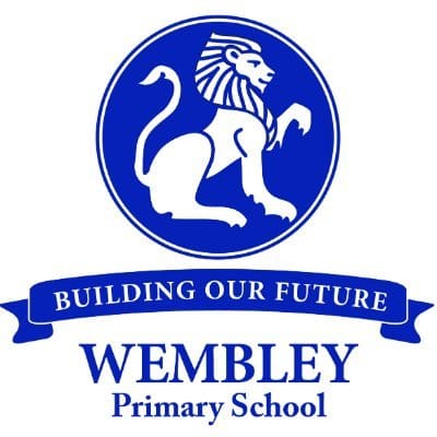A blue and white logo of wembley primary school