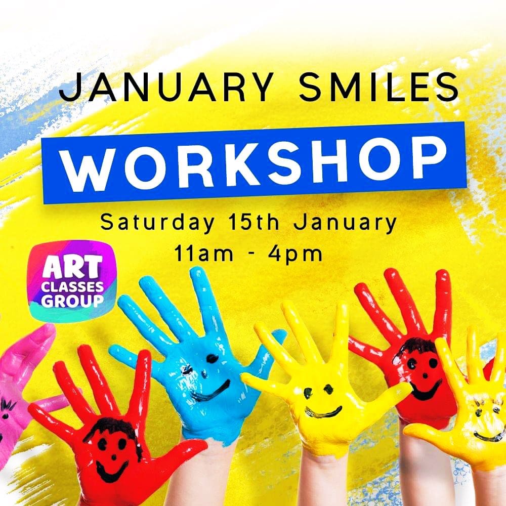 A poster with hands painted in the colors of smiley faces.