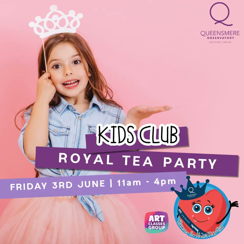 A girl in pink dress and crown with text that reads kids club royal tea party friday 3 rd june 1 1 am-4 pm.