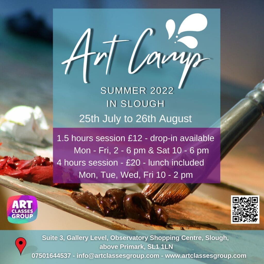 A poster for art camp with a chocolate bar and ice cream.