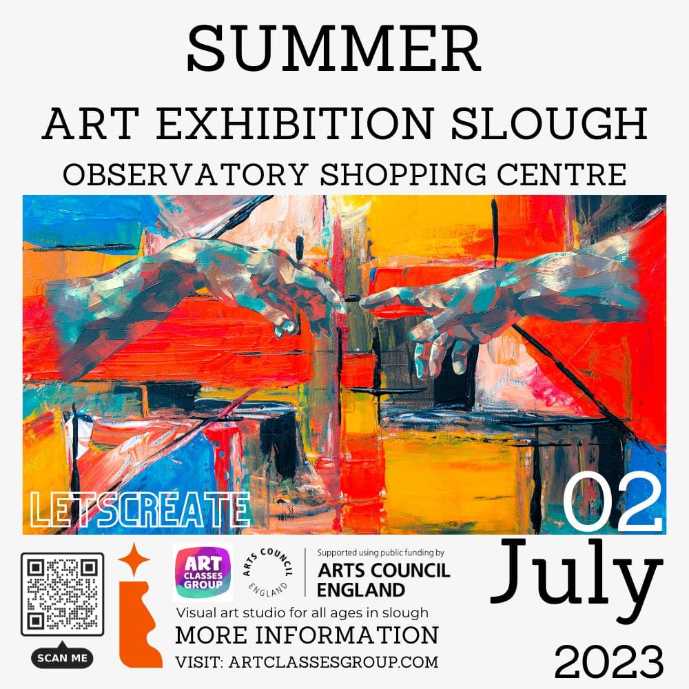 A poster for an art exhibition with the words summer in front of it.