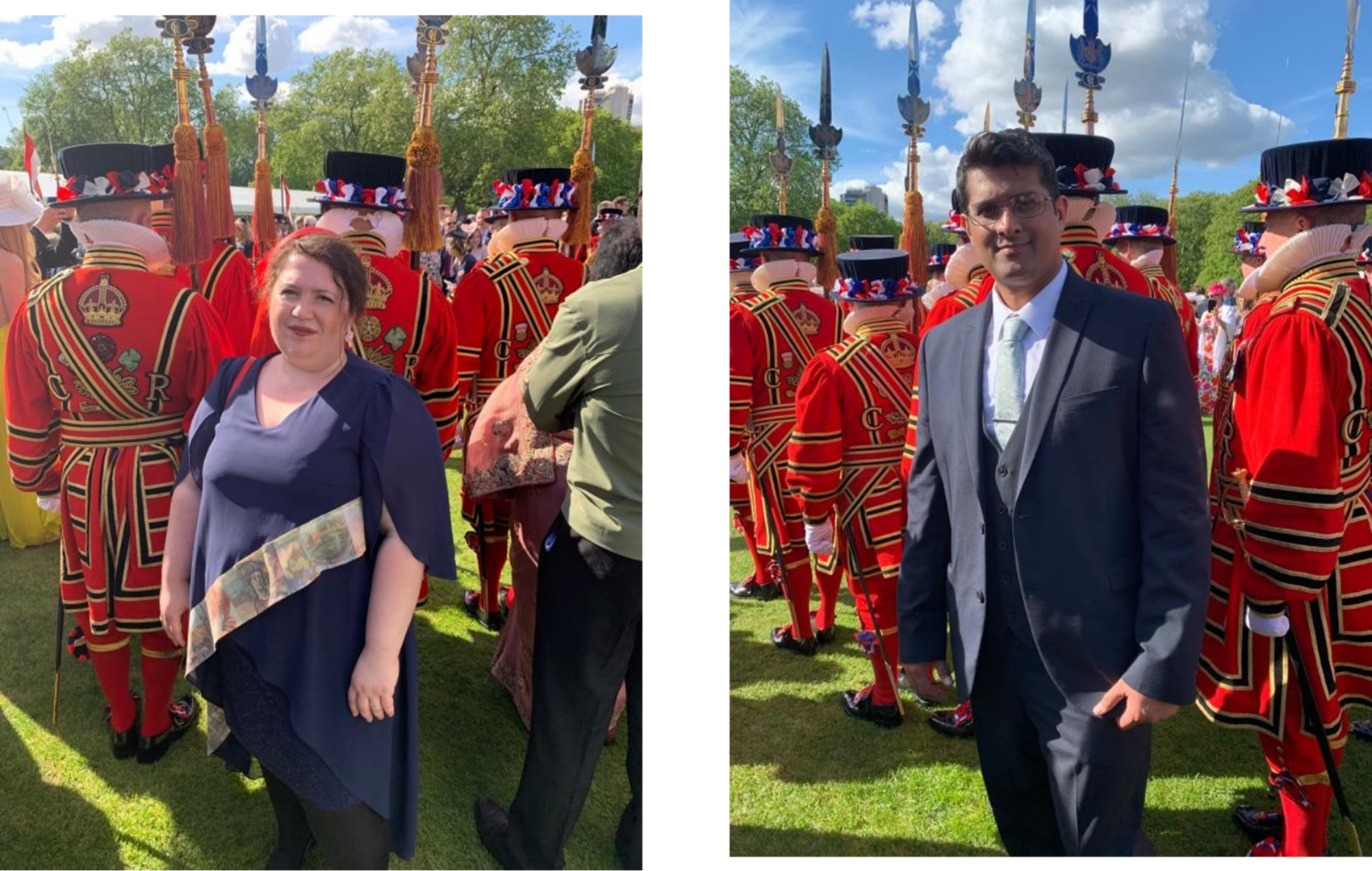 Two people standing in front of guards.