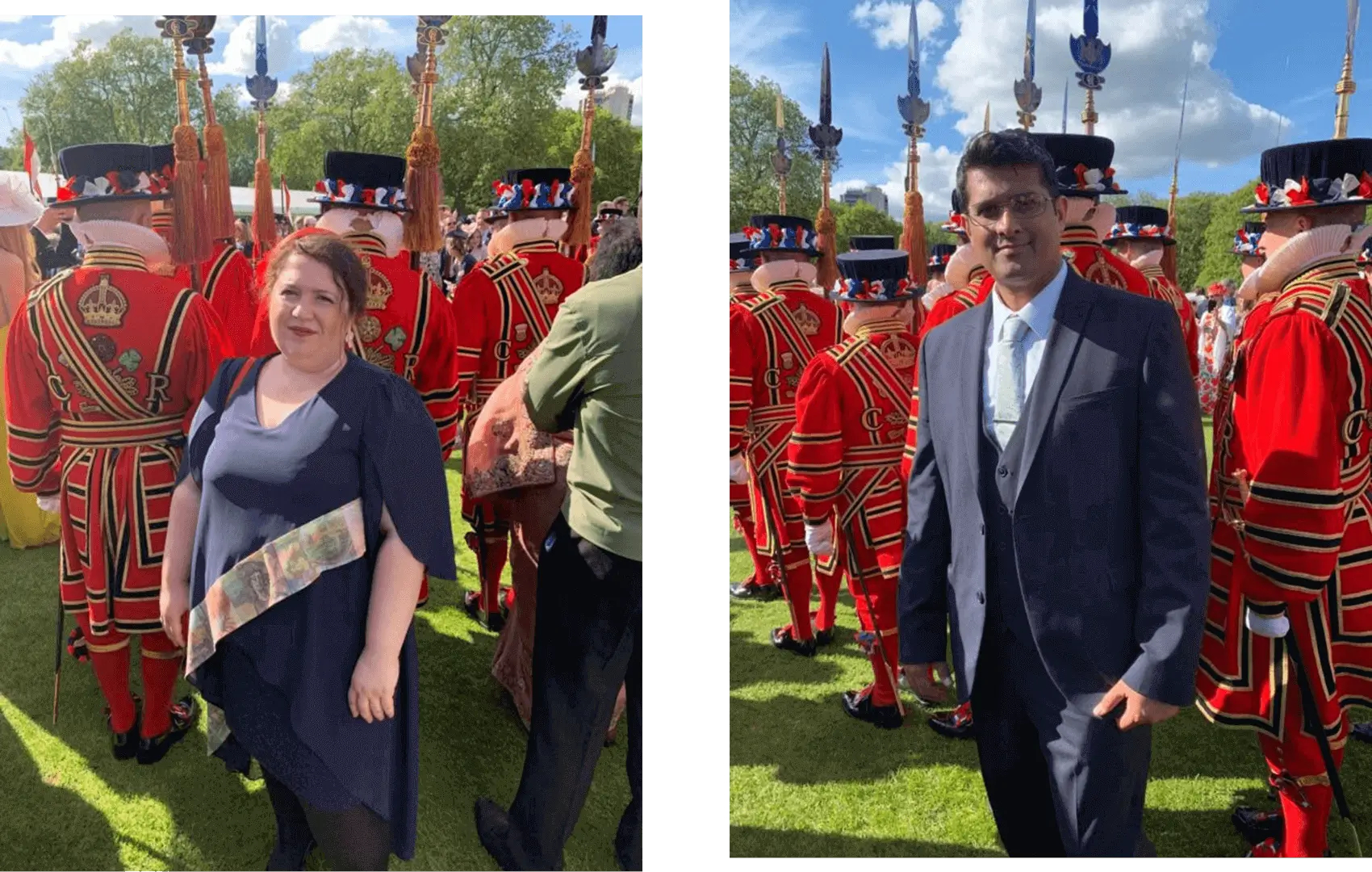 Two individuals dressed formally at an outdoor event with red-uniformed guards.