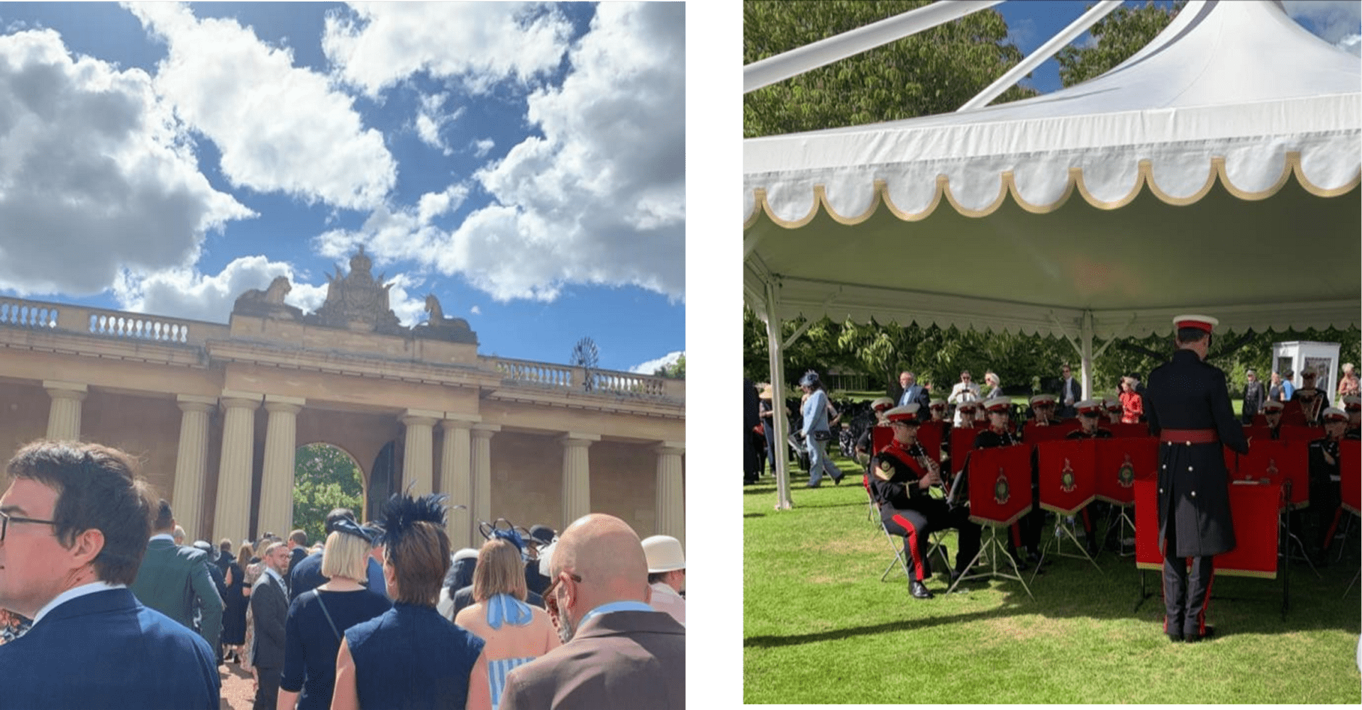 Military band performing under a tent.