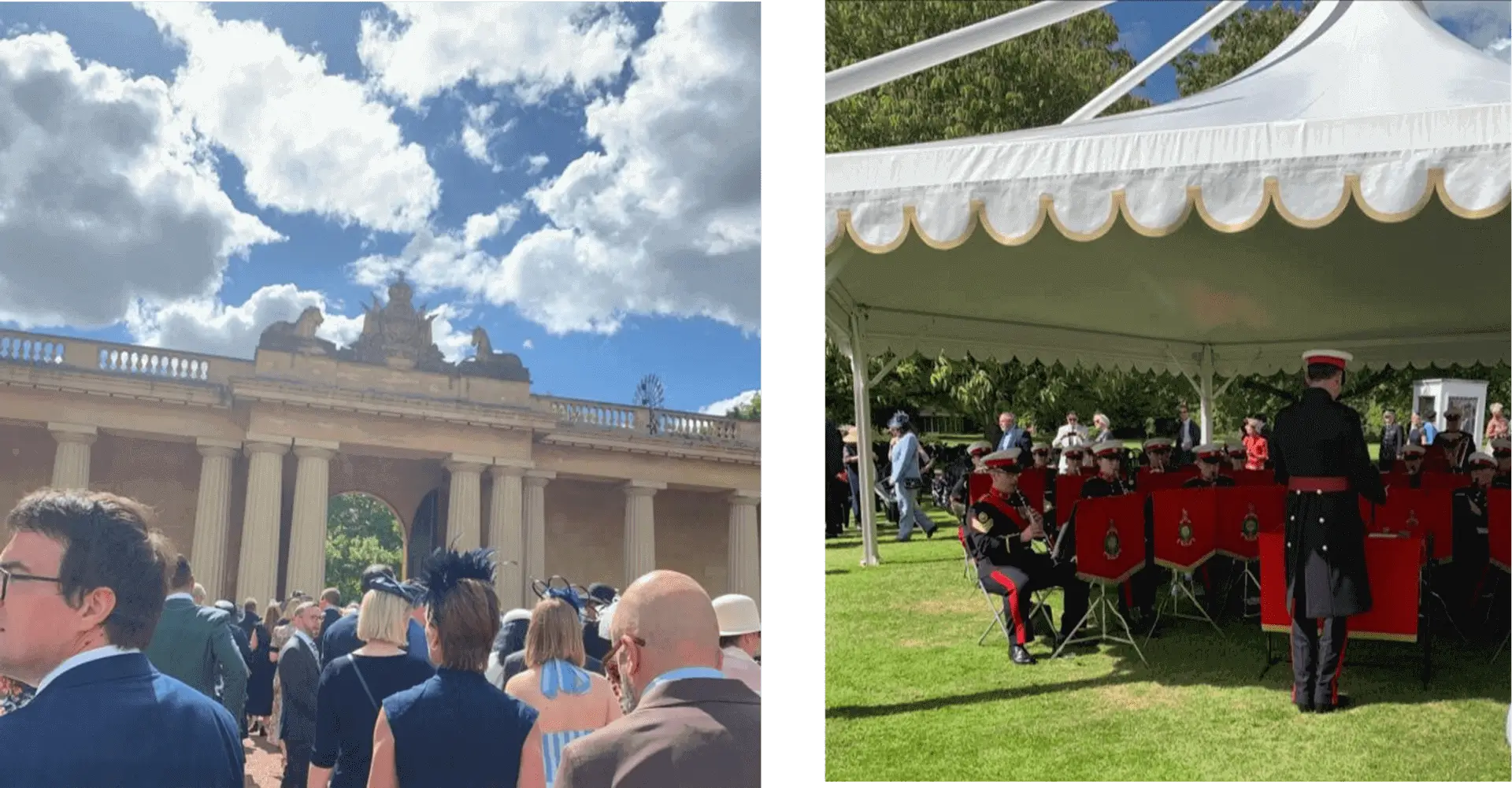 A ceremonial military band performs at an outdoor event with onlookers under a blue sky.