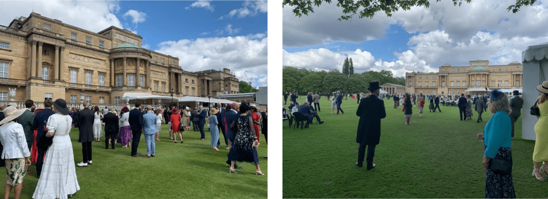 Guests at a garden party in front of Buckingham Palace.