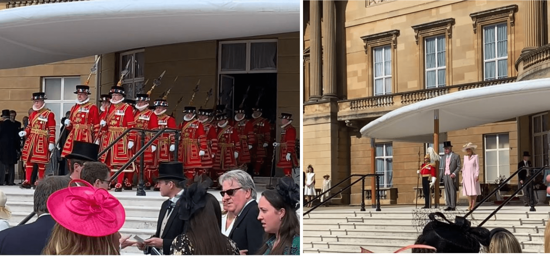 Royal couple greeting guards outside palace.