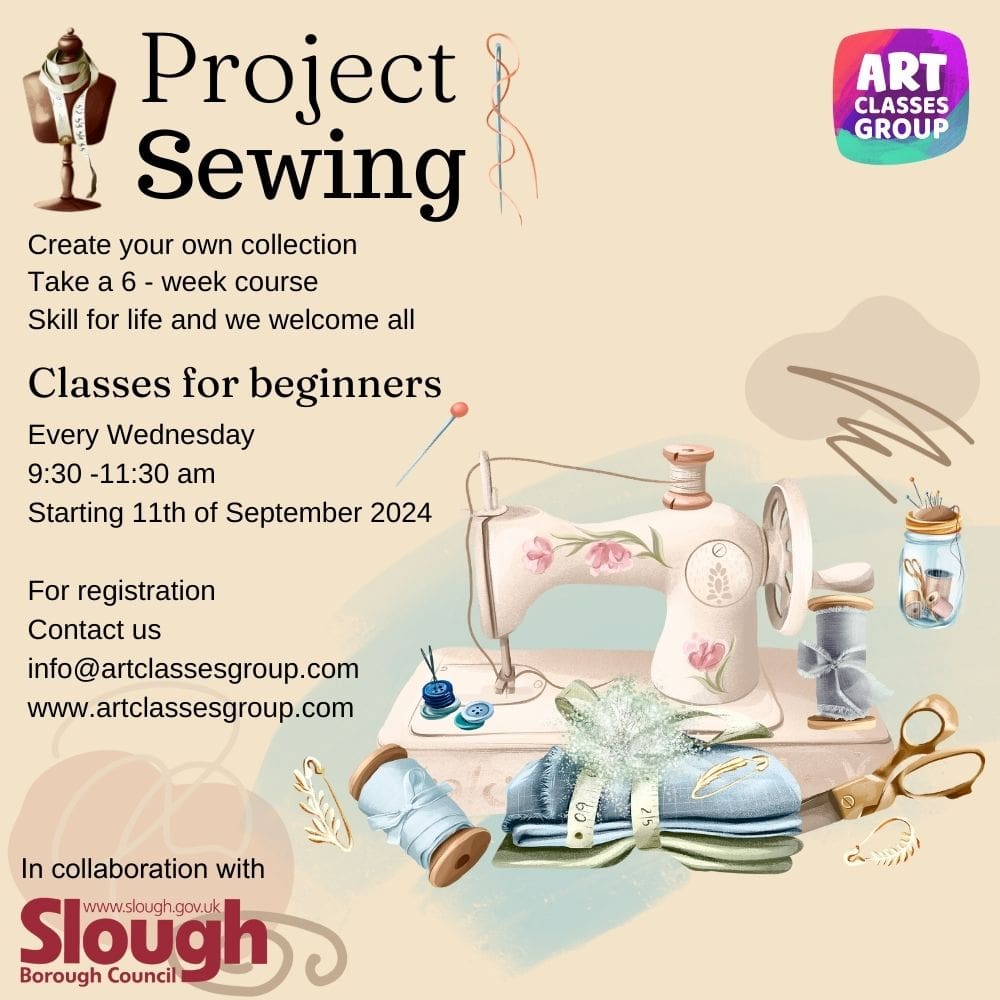 Sewing class poster with illustration of a sewing machine.