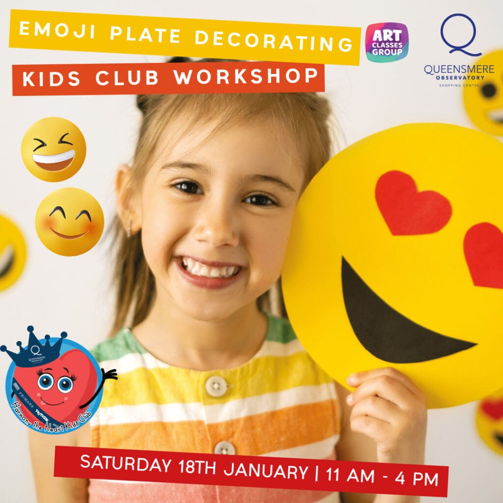 Girl decorating emoji plates at kids' club.