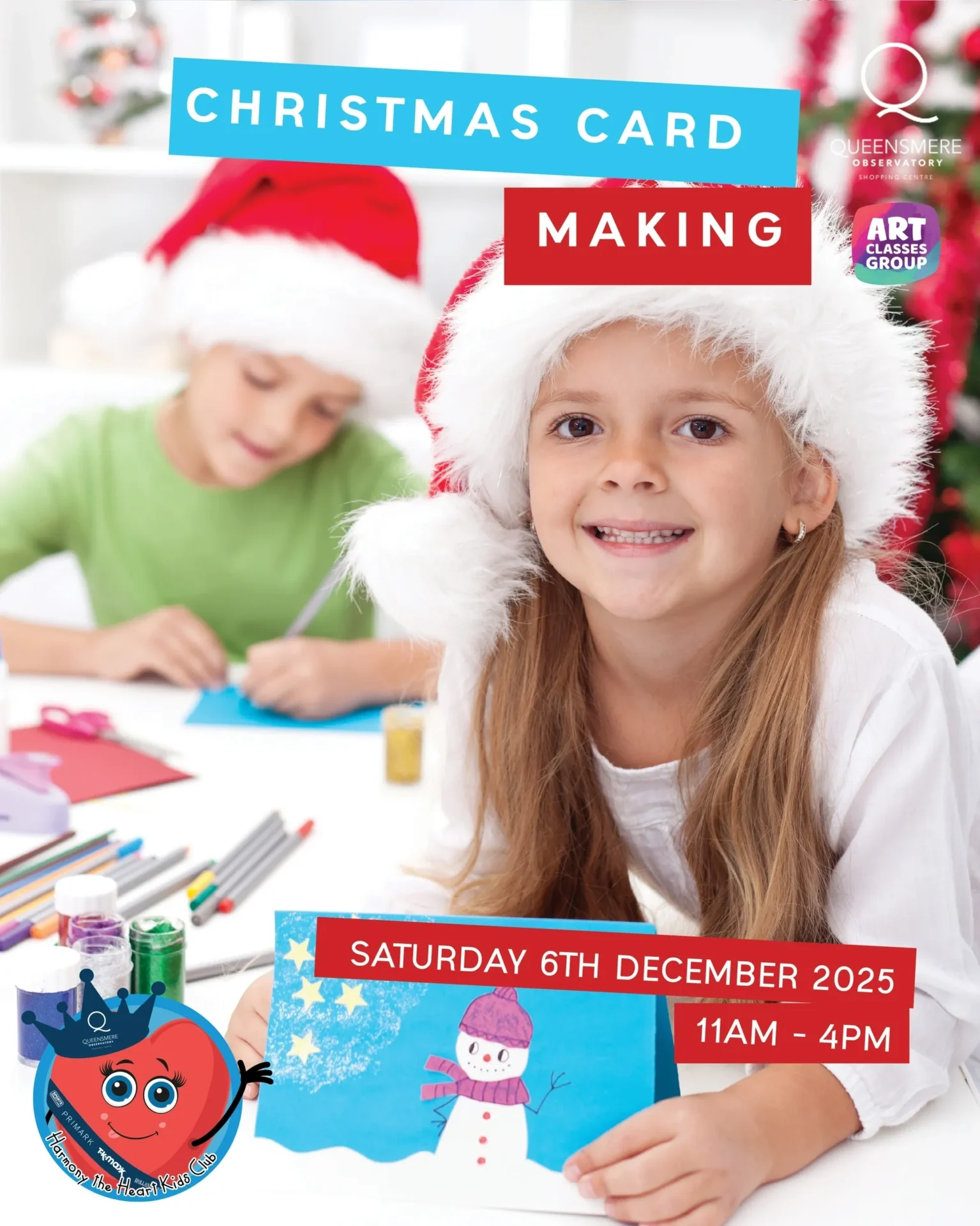 Children happily making Christmas cards with art supplies.