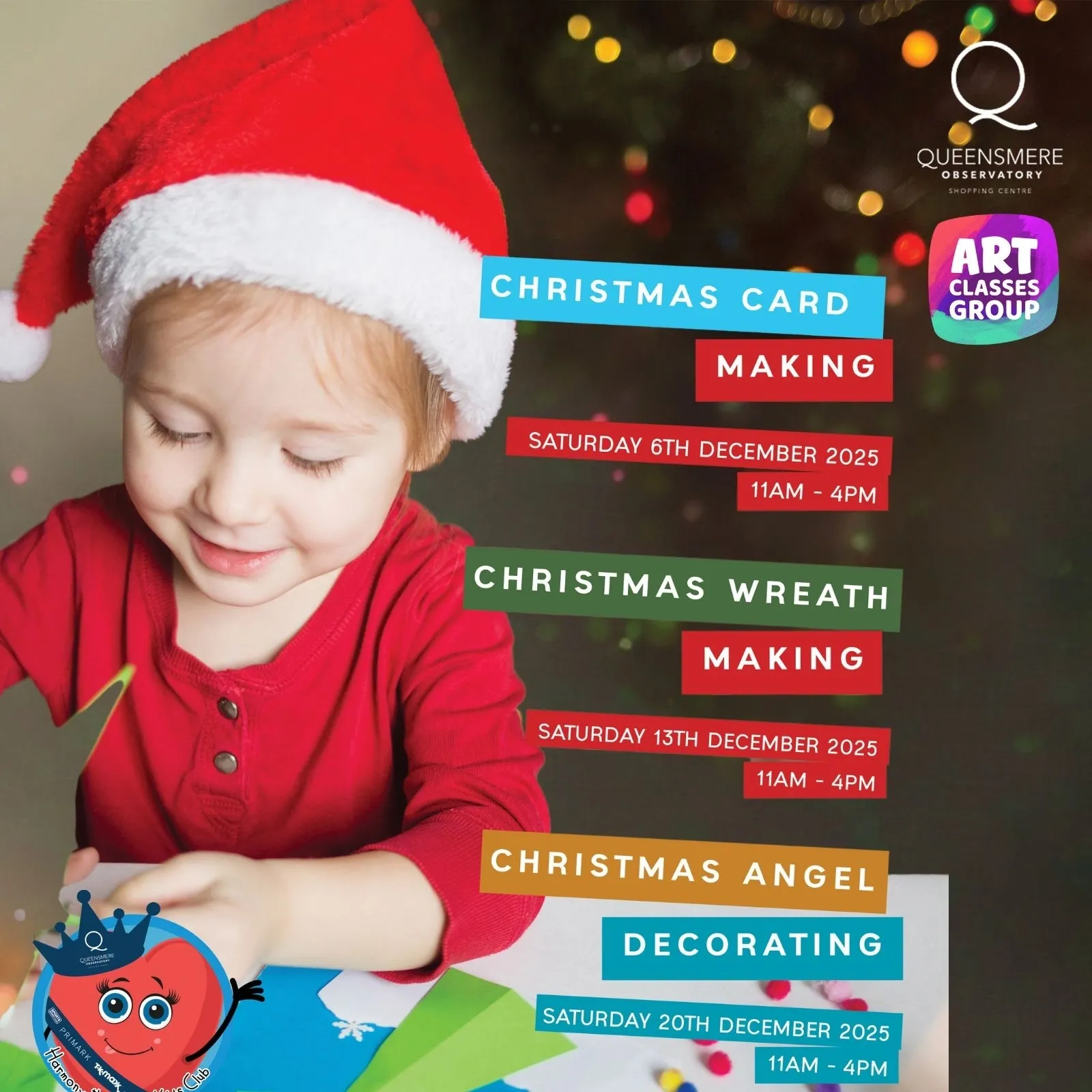 Child in Santa hat crafting Christmas decorations at a table.