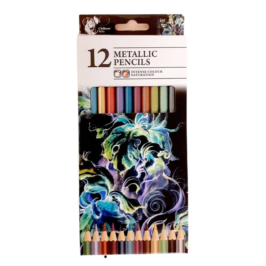 A package of metallic pencils with a floral design.